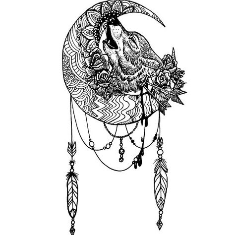 Wolfsmond wolf, moon, tattoo, wolf tattoo, tattoo style, lineart, howling wolf, mond Dainty Wolf Tattoo For Women, Wolf Dreamcatcher Tattoo For Women, Wolf Thigh Tattoo For Women, Dream Catcher Wolf Tattoo, Wolf Hip Tattoo, Wolf Mandala Tattoo, Wolf Moon Tattoo, Wolf Tattoo Ideas For Women, Wolf Dreamcatcher Tattoo