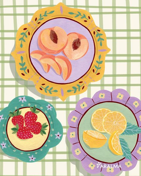 Summer table 🍓🍑☀️ . . . . #illustration #surfacedesign #freelanceillustrator #artlicensing Farm Illustration Art, Fruit Shop Illustration, Summer Aesthetic Illustration, Summer Illustration Art Drawings, Plate Design Drawing, Dining Table Illustration, Dishes Illustration, Fruit Rug, Bowl Illustration