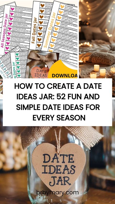 If you’re like me (and us, I should say), sometimes planning date nights can feel like a lot of pressure. With this date ideas jar, the problem is solved! You'll find 52 date ideas, one for each week of the year and organized by season. These are free date ideas printables to add to your jar. Dates With Husband Ideas, Activity Jar Ideas For Couples, Activity Jar For Couples Date Ideas, Date Board Ideas, Cute Date Night Ideas At Home Popsicle Sticks, Engagement Party Date Night Ideas, Date Idea Gift Jar, Date Gift Ideas For Him, Diy Date Night Jar Ideas