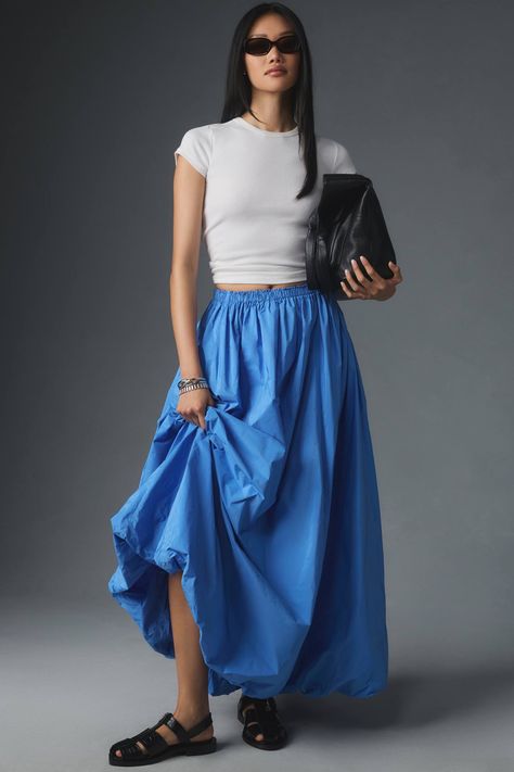 Streetwear Skirt, Womens Long Skirt, Skirt Streetwear, Smocked Skirt, Blue Maxi Skirt, Skirt Ruffle, Maxi Skirt Outfits, Nature Dress, Pleated Long Skirt