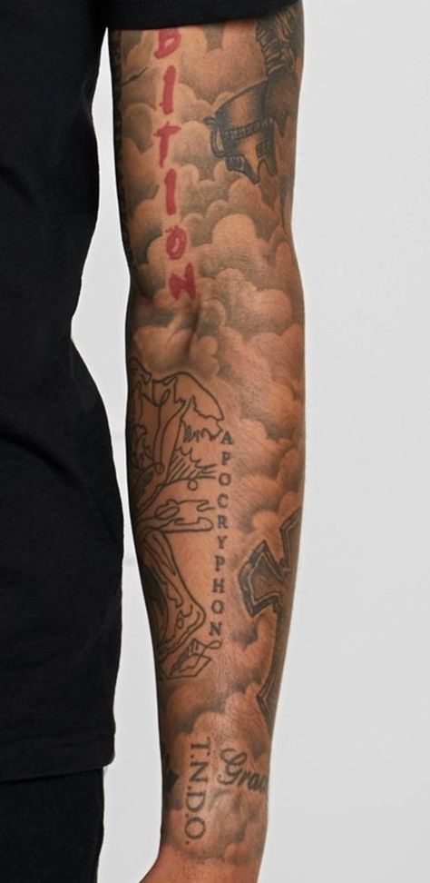 Tattoo Ideas For Men Full Arm, Edgy Sleeve Tattoo Men, Cloud Sleeve Tattoo Men, Cloud Tattoo Men, Cloud Tattoo Arm, Cloud Tattoo Sleeve For Men, Men’s Forearm Sleeve, Modern Tattoos Men, Full Arm Tattoo Men Ideas