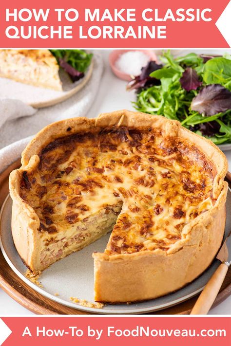 How to Make Classic Quiche Lorraine | Food Nouveau    No other savory pie is more elegant than classic Quiche Lorraine.   Get step-by-step instructions to make this elegant, rich, custardy   French dish in your home kitchen. It's perfect for your next brunch or your holiday entertaining.    #howto #quiche #brunch #foodnouveau Starters Recipes Dinner Party, Party Tapas, Quiche Brunch, Classic Quiche Lorraine, Classic Quiche, Tapas Ideas, Recipes Dinner Party, Quiche Lorraine Recipe, Savoury Tarts