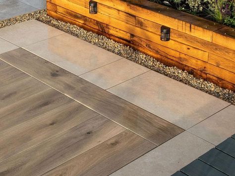 Outdoor Porcelain Paving Experts on Instagram: "Introducing our Harbury wood effect porcelain tiles framed with our Luxborough limestone tiles. I love nothing more than combining 2 of my favourite pavers to create something even more perfect. (Swipe across to see them on their own) . Have you ever framed tiles before? Do you like the look of it?? . . #outdoorrenovation #landscaping #patiodesign #outdoorinspiration #mygardentoday #gardendesign #gardenideas #outdoorliving #outdoordining Outdoor Wood Tiles, Wood Effect Porcelain Tiles, Limestone Tiles, Outdoor Porcelain Tile, Porcelain Paving, Outdoor Renovation, Outdoor Paving, Garden Tiles, Back Garden Design