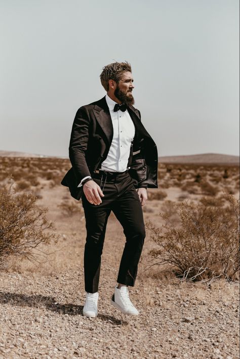 Vegas Wedding Suit Men, Las Vegas Wedding Outfit Groom, Alternative Groom Attire Casual, Punk Groom, Rockabilly Mens Wedding Attire, Grooms Suit Black Boho Flower, Alternative Groom Attire, Alternative Groom, Casual Groom Attire