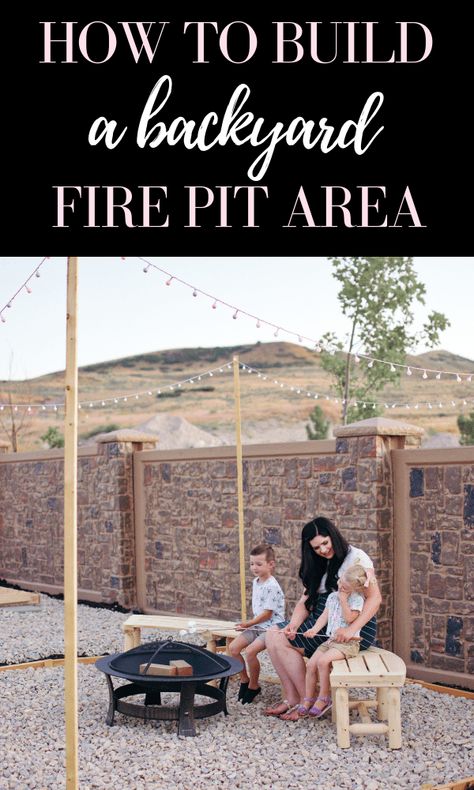 Make This Easy DIY Fire Pit Area (with String Lights!) | Love Love Love Diy Fire Pit Area, Backyard Fire Pit Area, Easy Diy Fire Pit, Backyard Firepit Area, Bonfire Pits, Backyard Fire Pit, Backyard Bonfire, Modern Fire Pit, Fire Pit Furniture