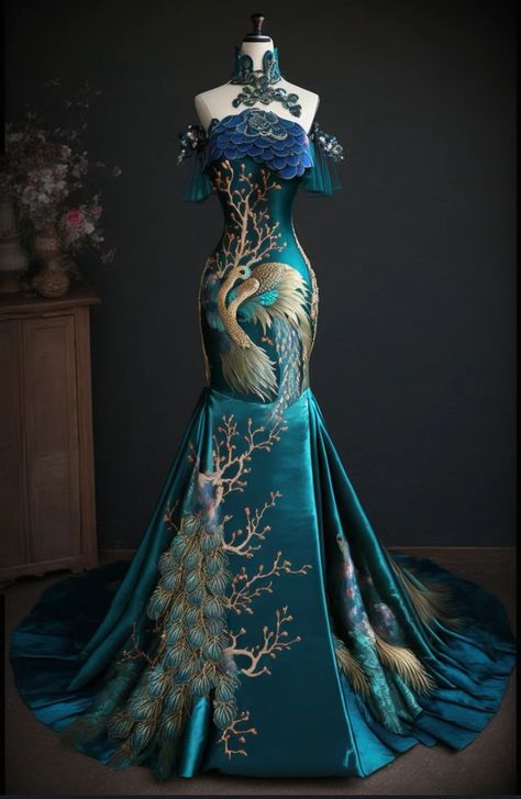 Sea Inspired Dress, Peacock Inspired Dress, Peacock Wedding Dress, Peacock Outfit, Peacock Gown, Peacock Wedding Dresses, Dragon Dress, Tale Dress, Modern Qipao