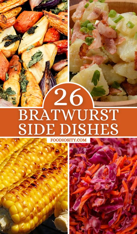 This collection of 26 side dishes for bratwurst offers a wide range of flavors and textures, ensuring that your bratwurst meals are always accompanied by the perfect complement. From the hearty warmth of Cheesy Polenta and Roasted Root Vegetables to the fresh crispness of Cucumber Dill Salad and Kale and Apple Salad, each dish brings its own unique contribution to the table. Side Dish For Brats Dinners, Side Dishes For Bratwurst, Side Dish For Brats, Brat Sides Dishes, Sides For Brats Dinners, Sides For Sausage, Bratwurst Side Dishes, Sides For Brats, Bratwurst Sides