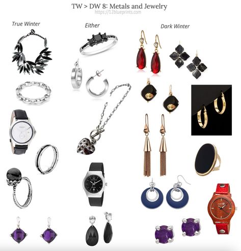 How to Be a Dark Winter (not a True Winter) - 12 Blueprints True Winter Jewelry, Dark Winter Jewelry, Persona Profile, Winter Skin Tone, 12 Blueprints, Spinel Crystal, Style Development, Deep Winter Palette, Cool Winter Color Palette