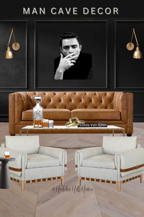 Man cave decor design board with dark moody walls! Moody Masculine Living Room, Masculine Den, Moody Lounge Room, Moody Man Cave, Man Cave Couch, Masculine Decor Living Room, Masculine Decor Apartment, Masculine Glam, Classy Man Cave