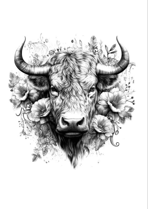 Bull Cow Tattoo, Pretty Bull Tattoo, Bull With Flowers Tattoo, Realistic Bull Tattoo, Bull Drawing Taurus, Bull Face Tattoo, Ox Tattoo Design, Highlander Tattoo, Taurus Bull Tattoos Design