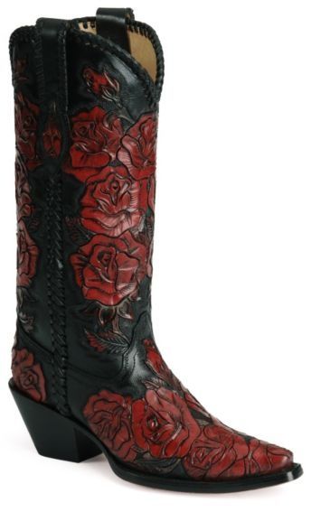 Rose of Texas Black Cowboy Boots With Roses, Red And Black Cowgirl Boots, Red And Black Cowboy Boots, Gothic Cowboy Boots, Cute Cowboy Outfits, Goth Cowboy Boots, Red Western Boots, Gothic Cowboy, Gothic Cowgirl