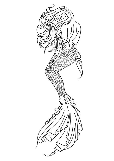 Mermaid Tattoo Outline, Mermaid Fine Line Tattoo, Knee Tattoo Stencil, Mermaid Line Drawing, Mermaid Tattoo Ideas For Women, Mermaid Line Art, Small Mermaid Tattoo, Mermaid Outline, Mermaid Sleeve Tattoos