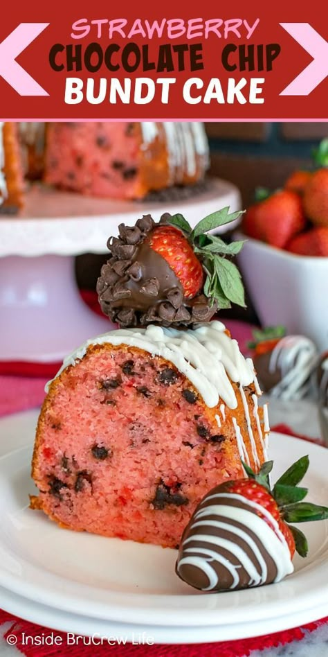 Strawberry Chocolate Chip Bundt Cake - chocolate chips and chocolate covered strawberries add a fun flair to this easy strawberry cake. Great recipe to make for spring parties or events. Chocolate Chip Bundt Cake Recipe, Strawberry Baking, Strawberry Bundt Cake, Chocolate Chip Bundt, Poppy Seed Bundt Cake, Strawberry Chocolate Chip, Chocolate Chip Cake Recipe, Chocolate Chip Bundt Cake, Bundt Recipes