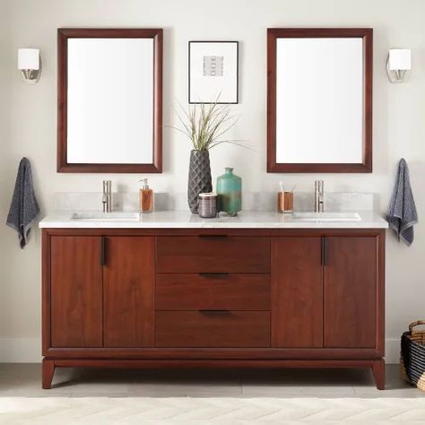 Double Sink Vanities | Signature Hardware Double Vessel Sink Vanity, Double Vanity Lighting, Natural Wood Bathroom Vanity, Walnut Bathroom, Vessel Sink Vanity, Vanities Bathroom, Gray Quartz, Semi Recessed Sink, Sink Lights