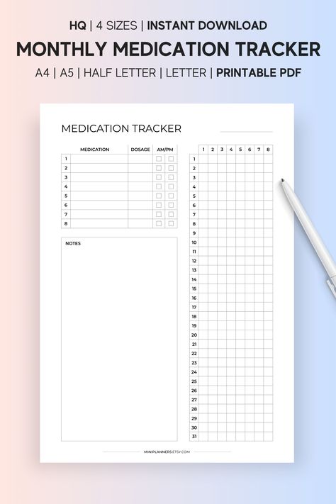 Pill Tracker, Habit Tracker Printable Monthly, Medical Printables, Medical Binder, Health Medicine, Bullet Journal Ideas Templates, Medication Tracker, Habit Tracker Bullet Journal, Habit Tracker Printable