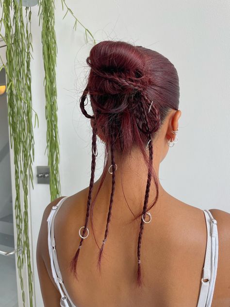 Hoops In Braids, Messy Bun With Plait, Cool Plaits Hairstyles, Hoops In Hair, Hairstyle With Rings, Plait Bun Hairstyles, Bun And Braid Hairstyles, Braids And Buns Hairstyles, Dirty Hair Updo