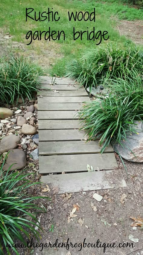 Garden Project: rustic-wood-fence-picket-garden-bridge Backyard Bridges, Garden Bridges, Garden Frog, Memory Garden, Fence Picket, Rustic Landscaping, Dry Creek Bed, Fence Pickets, Garden Frogs