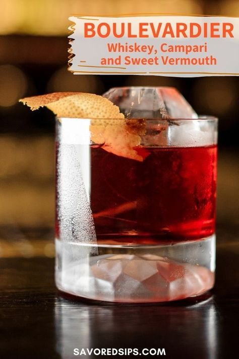 If you're a fan of a negroni, you'll definitely want to try a Boulevardier, made with whiskey, sweet vermouth, campari, and an orange twist. | Whiskey Cocktail | Campari Cocktail | Cocktail Recipe | Campari Cocktail Recipes, Campari Negroni, Campari Drinks, Smoked Negroni Cocktail, Classic Negroni Cocktail Recipe, Boulevardier Cocktail, Mezcal Negroni Cocktail, Campari Cocktails, Boulevardier