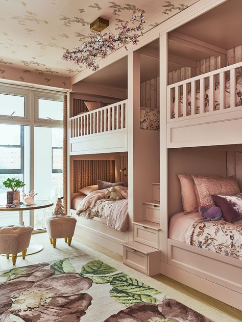 Kids Bedroom Double Bed, Four Beds In One Room, 3 Kids Bedroom Ideas, Double Queen Bedroom, Dream Kids Bedroom, 2 Bed In One Room Ideas, Bedroom For Two, Bunk Bedroom, Built In Bunk Beds