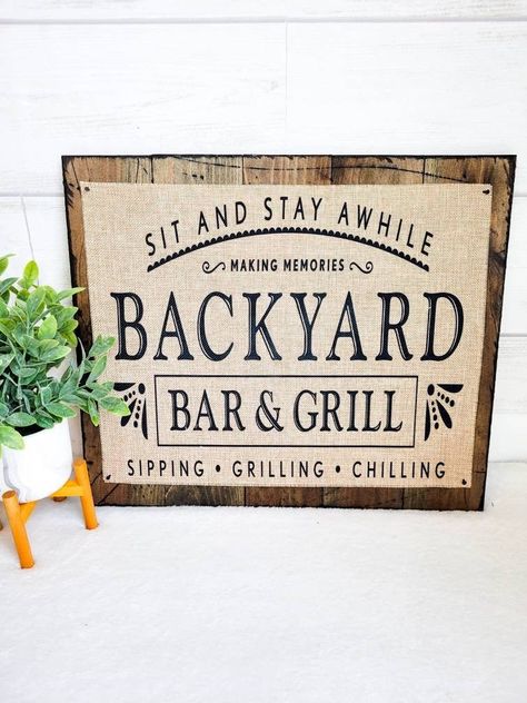 "DESCRIPTION:  ●  This personalized rustic farmhouse pallet is perfect for any house new or old.  It's also the perfect Father's Day, House Warming Gift, etc!❤ Backyard Bar & Grill, Father's Day Gift, Man Cave Signs, BBQ Sign, Patio Decor, Pool House Sign, Farmhouse Sign. ❤ DETAILS: ● Each burlap is easily removable from the pallet to swap for seasonal designs. ● The burlap is fastened by 4 to 6 nails creating a snug fit to the pallet.   ● Pallets are light weight & perfect to display on walls o Pool Bar Signs, Back Patio Signs, Patio Signs Outdoor, Irish Wall Decor, Pallet Pictures, Grill Sign, Backyard Signs, Bbq Signs, Slate Art