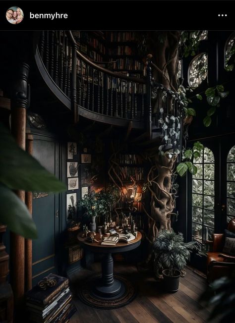 Modern Victorian Interior Design Bedroom, Gothic Manor Aesthetic, Gothic Style Home Interior Design, Dark Academia Houses, Dark Academia House, Home Library Aesthetic, Vintage Maximalist Decor, Gothic Library, Gothic Interior