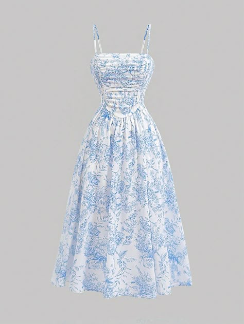 Vestido elegante de niña adolescente con tirantes con volantes, estampado floral sólido en color azul Azul y blanco Elegante  sin mangas Tela tejida Floral,Plantas Tirantes No-Elástico  Teen Girls Clothing, size features are:Bust: ,Length: ,Sleeve Length: Cute Long Dresses For Summer, Summer Dresses Shein, Sunday Best Dress, Cute Dresses For Summer, Blue And White Floral Dress, Blue Sundress, Teen Dress, Teen Girl Dresses