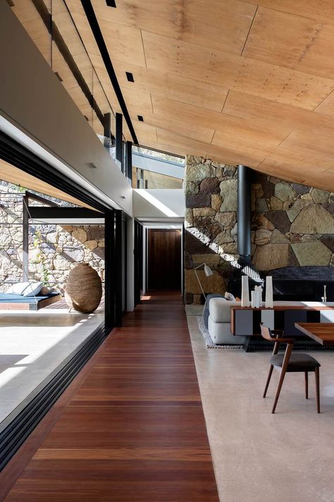 Plywood Ceiling, Plywood Interior, Australian Interior Design, Interior Design Awards, Stone Walls, Timber Flooring, Decoration Inspiration, Australian Homes, Design Living Room