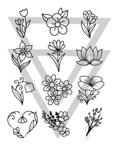 Flower Out Line Design, Tattoo Flash Sheet Ideas Simple, Flash Flower Tattoo Ideas, Small Flower Designs Drawing, Tattoo Flash Art Flowers, Girly Tattoo Flash Sheet, Easy Flower Tattoos Simple, Small Tattoo Sketches Simple, Flowers Flash Tattoo