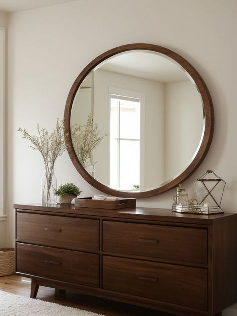 Room Dresser Decor Ideas, Cabin Chic Bedroom, Aesthetic Mirrors, Bedroom Dresser With Mirror, Dresser Decor Bedroom, Cabin Chic, Long Dresser, Dresser Table, Aesthetic Mirror