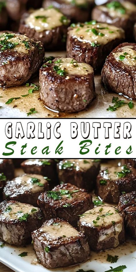 🍷 Pair your evening with these buttery, flavorful Garlic Butter Steak Bites! 🥩✨ The ultimate comfort food, ready in no time. #SteakBites #ComfortFood #ElegantMeals Garlic Sauce For Steak, Butter Steak Bites Recipe, Tender Steak Bites, Steak Butter Recipe, Garlic Steak Bites, What For Dinner, Meat And Potatoes Recipes, Garlic Butter Steak Bites, Butter Steak Bites