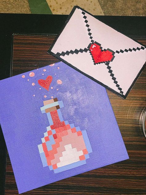 Easy Cute Paintings On Canvas Simple For Boyfriend, Painting Anniversary Gift, Minecraft Anniversary Ideas, Easy Paintings For Boyfriend Cute Ideas, Anniversary Gift Painting, Pixel Painting Canvases, Acrylic Painting Ideas For Boyfriend, Cute Things To Paint For Your Boyfriend Easy, Easy Love Canvas Painting