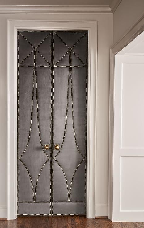 Upholstered Door Panel, Statement Interior Doors, Leather Doors Design, Unique Interior Doors, Upholstered Door, Upholstered Doors, Leather Doors, Bi Fold Pantry Doors, Bi Fold Doors