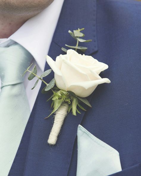 Simple but stunning classic White Rose & Eucalyptus buttonhole/boutonniere www.weddingandevents.co.uk North Yorkshire Wedding Flowers Simple Boutonniere, White Rose Boutonniere, White Boutonniere, Eucalyptus Bouquet, Button Holes Wedding, White Roses Wedding, Rose Boutonniere, Corsage And Boutonniere, Groom Boutonniere