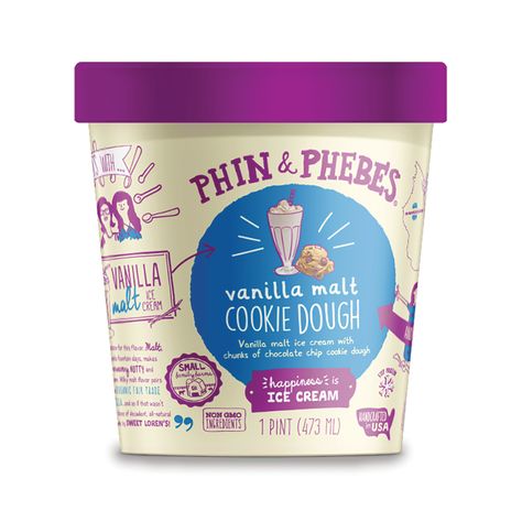 Phin & Phebes Ice Cream Packaging — The Dieline - Branding & Packaging Design Cream Branding, Yogurt Packaging, Cream Packaging, Typography Packaging, Ice Cream Packaging, Packaged Snacks, Ice Cream Design, Ice Cream Brands, Vanilla Cookies