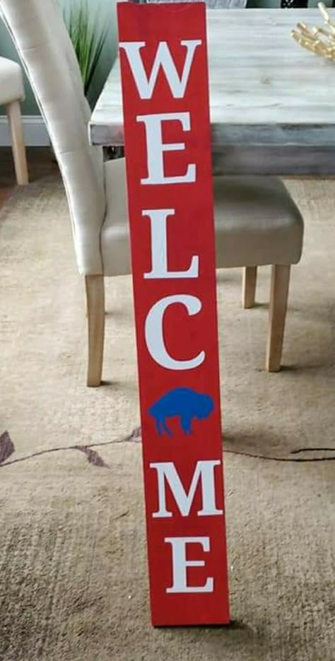 Wooden Welcome Sign Buffalo Bills Buffalo Bills Wooden Sign, Buffalo Bills Cricut Projects, Buffalo Bills Welcome Sign, Buffalo Bills Signs Diy, Buffalo Bills Crafts, Buffalo Bills Baby, Porch Boards, Buffalo Bills Stuff, Cricut Signs