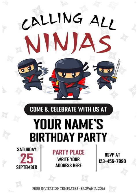 Ninja Warrior Birthday Party Invitations, Ninja Birthday Party Invitation, Hello Ninja Birthday Party Ideas, Ninja Invitations Free Printable, Hello Ninja Birthday, Ninja Go Party Ideas, Ninja Kids Birthday Party Ideas, Ninja Go Birthday, 6th Birthday Boy Theme