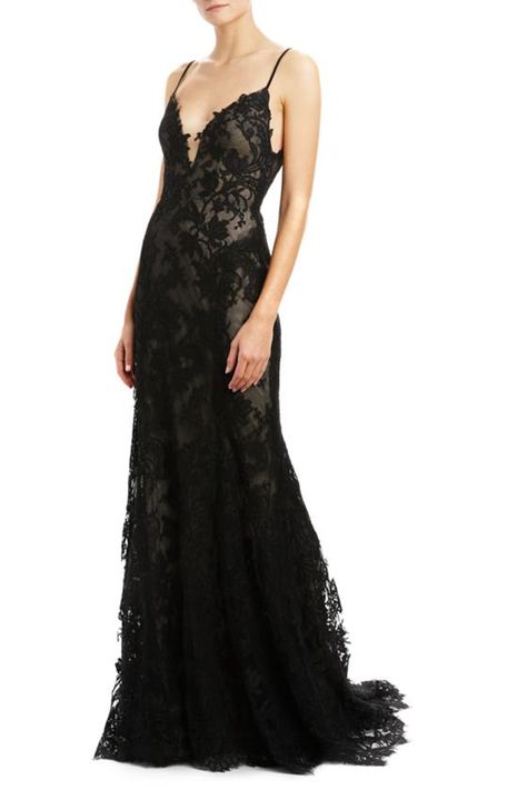 -Lingerie inspired sheath gown -Spaghetti strap-Noir Re-Embroidered Lace-Illusion Tulle inset at v-neck-Scoop back-Silk lined-Hidden back zipper Made in USA.Monique Lhuillier Fall 2020 RTW Collection. Black Lace Evening Gown, Haute Couture Details, Black Embroidered Dress, Sheath Gown, Lace Formal Dress, Lace Prom Dress, Prom Ideas, Prom Dress Inspiration, Black Wedding Dresses