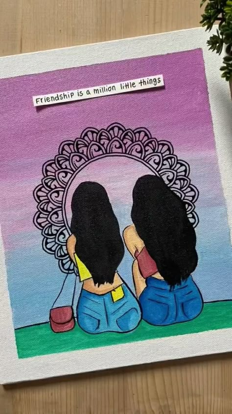 2 Friends Painting, Bff Mandala Art, Two Friends Mandala Art, Friendship Drawing Ideas, Bestie Cartoon Best Friends, Friendship Doodles Art, Bestie Paintings, Bff Painting Ideas, Friendship Paintings Best Friends