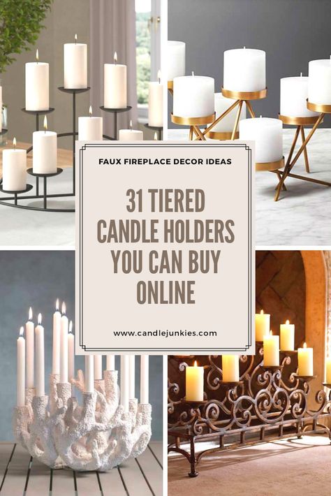 Here are 31 tiered candle holders you can buy for an empty fireplace online Fireplace Candelabra Decor, Tiered Candle Holder, Metal Candle Holders Decor Ideas, Candles For Fireplace, Fireplace Candle Ideas, Fireplace Candelabra Ideas, Inside Fireplace Ideas, Fireplace Candleholder, Fireplace Candles Inside Hearth