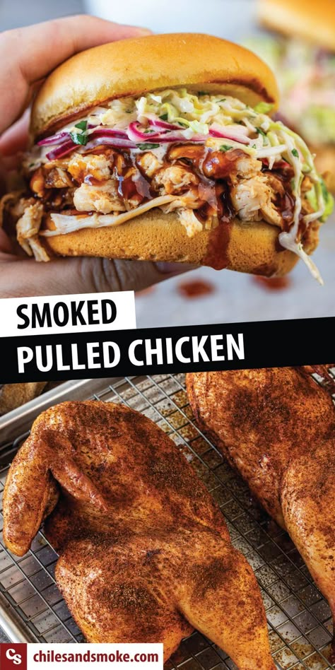 Pulled Chicken Smoker, Traeger Pulled Chicken, Slaw For Pulled Chicken Sandwiches, Pulled Smoked Chicken Recipes, Pulled Chicken Sandwich Recipes, Smoked Chicken Sandwich Recipe, Mission Bbq Pulled Chicken Recipe, Smoked Chicken Sliders, Smoked Chicken Soup