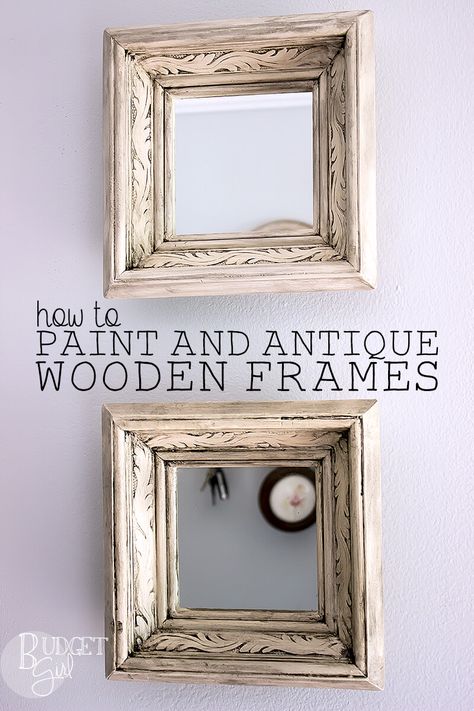 Getting distressed picture frames is really easy. Some paint and antiquing glaze make this a quick project to do in a single afternoon. How To Antique A Mirror Frame, Store Picture Frames, Christmas Frames Diy, Frame Makeover, Painted Photo Frames, Cardboard Photo Frame, Farmhouse Picture Frames, Frames Diy, Wood Decorations