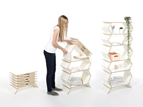 Transformer Furniture, Bookcase Design, Eco Friendly Furniture, Wood Bookshelves, Space Saving Furniture, Design Milk, Flat Pack, Clever Design, Wooden Shelves