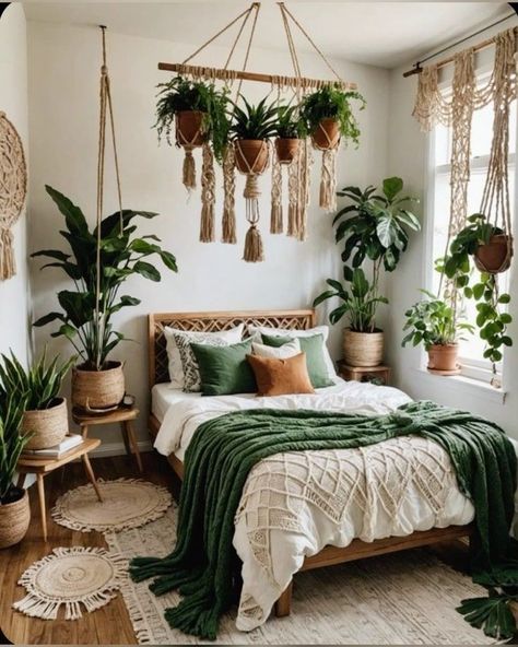 Boho Cottagecore Bedroom, Bedroom Full Of Plants, Boho Plant Bedroom, Boho Theme Bedroom, Plant Themed Bedroom, Green Themed Bedroom, Desert Apartment, Earthy Bedrooms, Bedroom Cottagecore