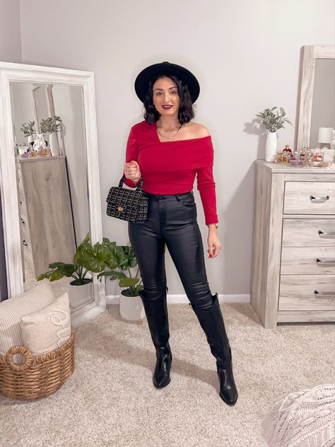 Black Leather Pants Red Top Outfit, Leather Pants And Red Top Outfit, Red Leather Pants For Night Out, Red Leather Pants Going Out, Red Corset Black Pants, Christmas Card Outfits, Red Top, Faux Leather Pants, Off Shoulder Tops