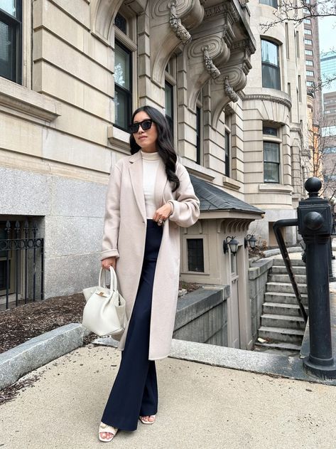 Navy Palazzo Pants, Demellier Bag, Spring Work Wear, Uniqlo Coat, Sailor Trousers, Spring Workwear, Outfit Coat, Jcrew Vest, Smart Casual Wardrobe