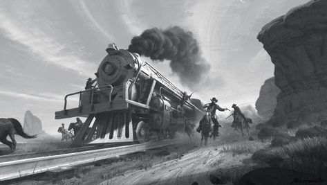 Wild West Train Heist - Imgur Eytan Zana, Cowboy Tattoos, Runaway Train, Western Artwork, Western Tattoos, Wilde Westen, Theme Tattoo, West Art, Train Art