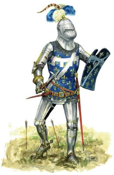 French knight at Agincourt.  "Tut! I have the best armour of the world. Would it were day!" French Knight, English Knights, Century Armor, Warriors Illustration, Historical Warriors, Ancient Warfare, Historical Armor, Late Middle Ages, Knight Armor