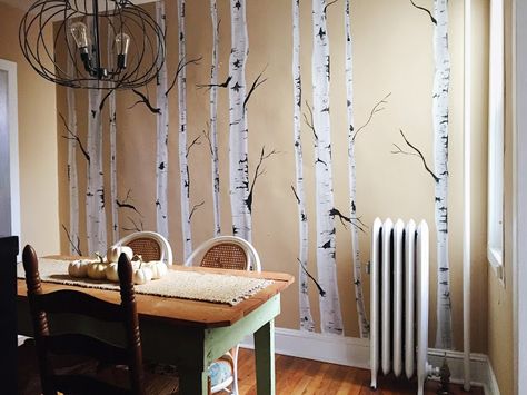 Sweet Compliments, Birch Tree Mural, Tree Wall Painting, Spring Home Decor Ideas, Birch Tree Wallpaper, Wall Art Tutorial, Birch Tree Painting, Tree Wall Murals, Basement Inspiration