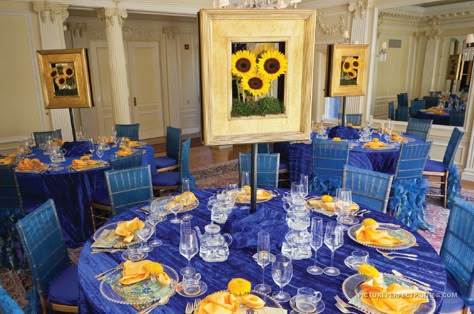 Tablescape Centerpiece www.tablescapesbydesign.com https://www.facebook.com/pages/Tablescapes-By-Design/129811416695 Van Gogh Theme, Van Gogh Themed Wedding, Van Gogh Bridal Shower Theme, Starry Night And Sunflowers, Vase With 15 Sunflowers Van Gogh, Starry Night Wedding Theme, Dramatic Background, Starry Night Wedding, Sunflower Bridal Shower