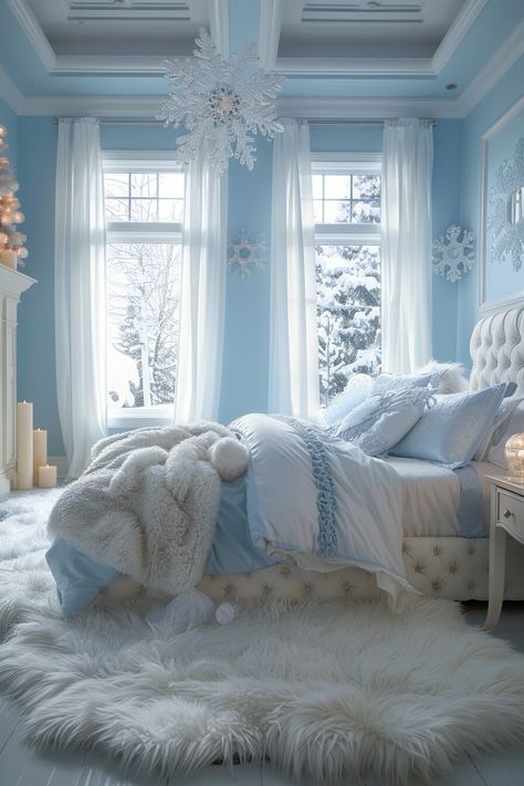 29 Blue Witchy Bedroom Ideas to Blend Calmness with Mysticism - My Elegant Home Winter Wonderland Bedroom Decor, Christmas Bedroom Decor Blue, Elsa Bedroom Ideas Frozen Room, Periwinkle Bedroom, Periwinkle Room, Baby Blue Bedrooms, Witchy Bedroom Ideas, Bedroom Ideas For Adults, Lady Lair